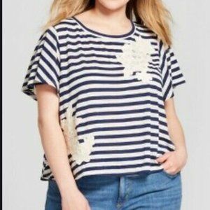 NWOT Xhilaration Navy Striped Tee w Embroidery